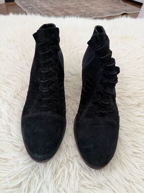 Free People Black Suede Ruffle Lace-Up Ankle Boots